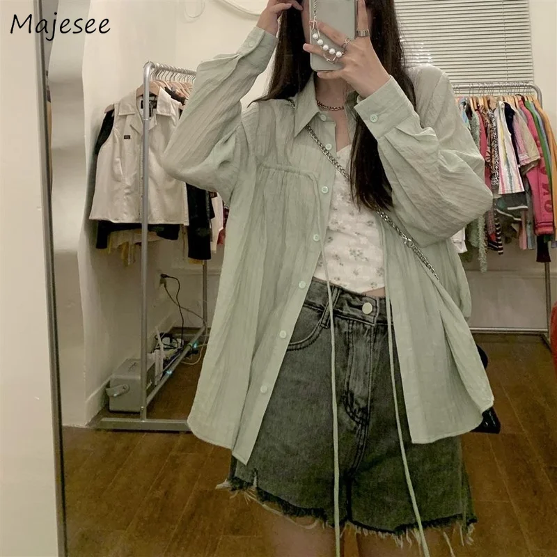 

Shirts Women Simple Spring Leisure Clothing Casual Straight Korean Style Solid Folds Single Breasted All-matched College Popular