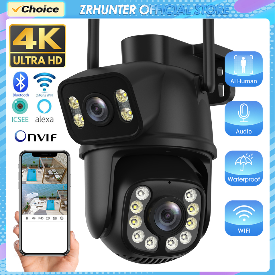 Outdoor Wireless Security IP Camera 4K 8MP HD Dual Lens External Wifi PTZ Camera Auto Tracking Street Surveillance Camera iCsee
