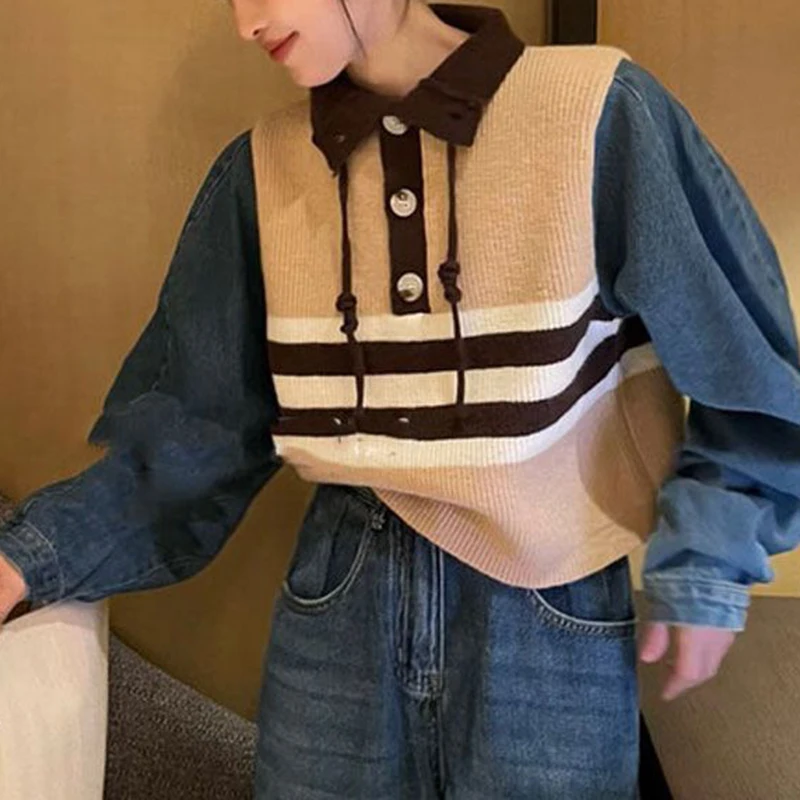 2022 autumn and winter new denim sleeve patchwork horizontal stripe minority knit women's loose design sweater  winter clothes