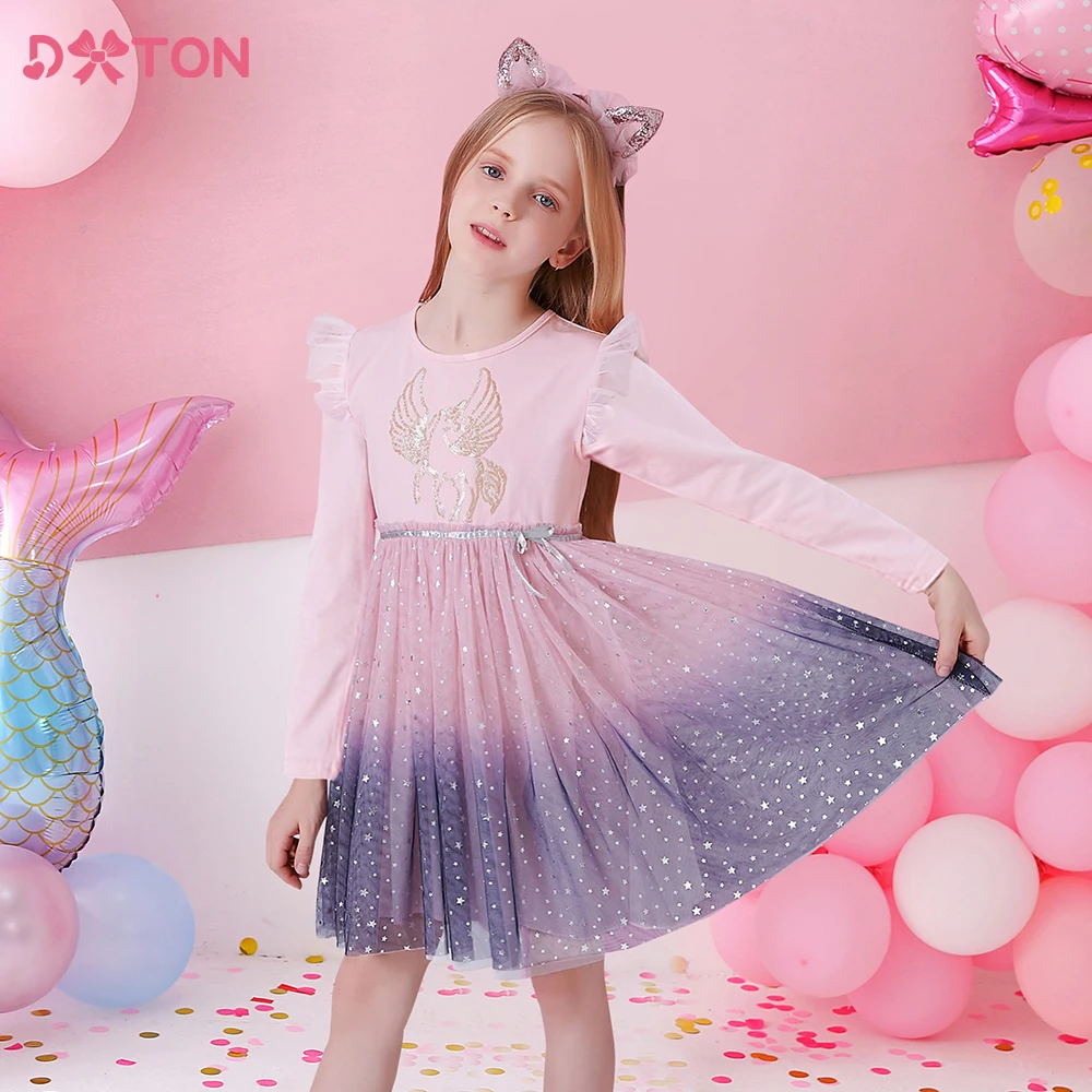 DXTON Girls Sequined Dresses Children Cartoon Print Dress Long Sleeve Birthday Party Dress Toddlers Girls Tulle Princess Dresses girls dress,princess costume,kids clothes
