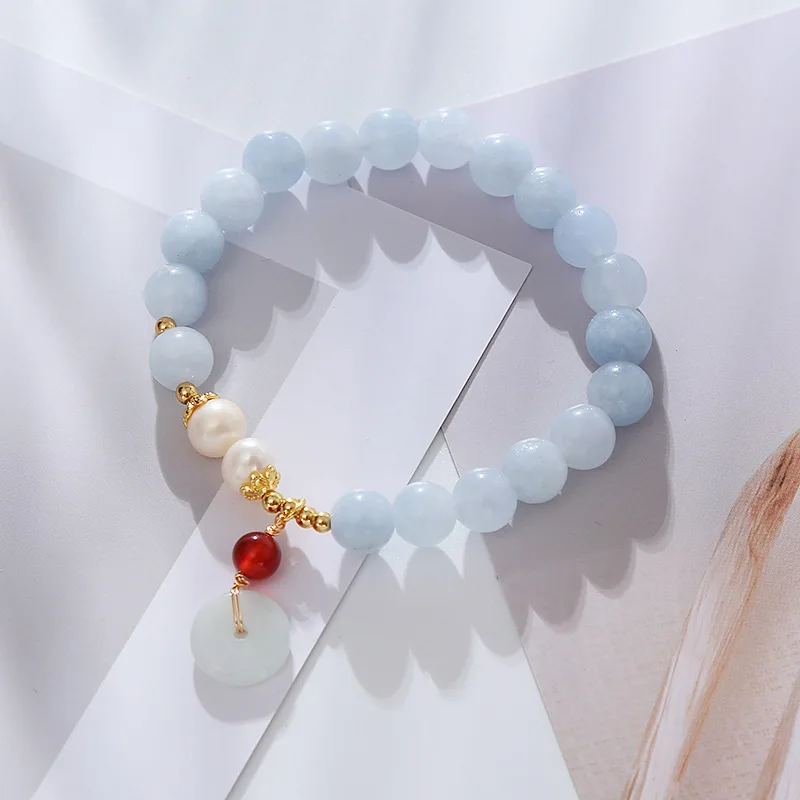 

Blue Crystal Beads Bracelet with Retro Pendant Handmade Jadeite Lucky Charm Bangle for Women High Quality Fashion Jewelry Anime