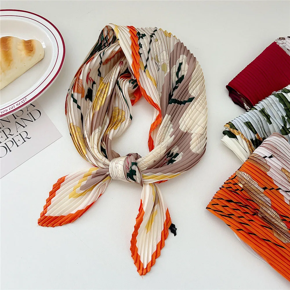 70cm Small Shawl Wraps Fashion Vintage Pleated Silk Neck Scarf Crinkle Square Silky Neck Scarves Peony Flower Print Hair Scarf 5