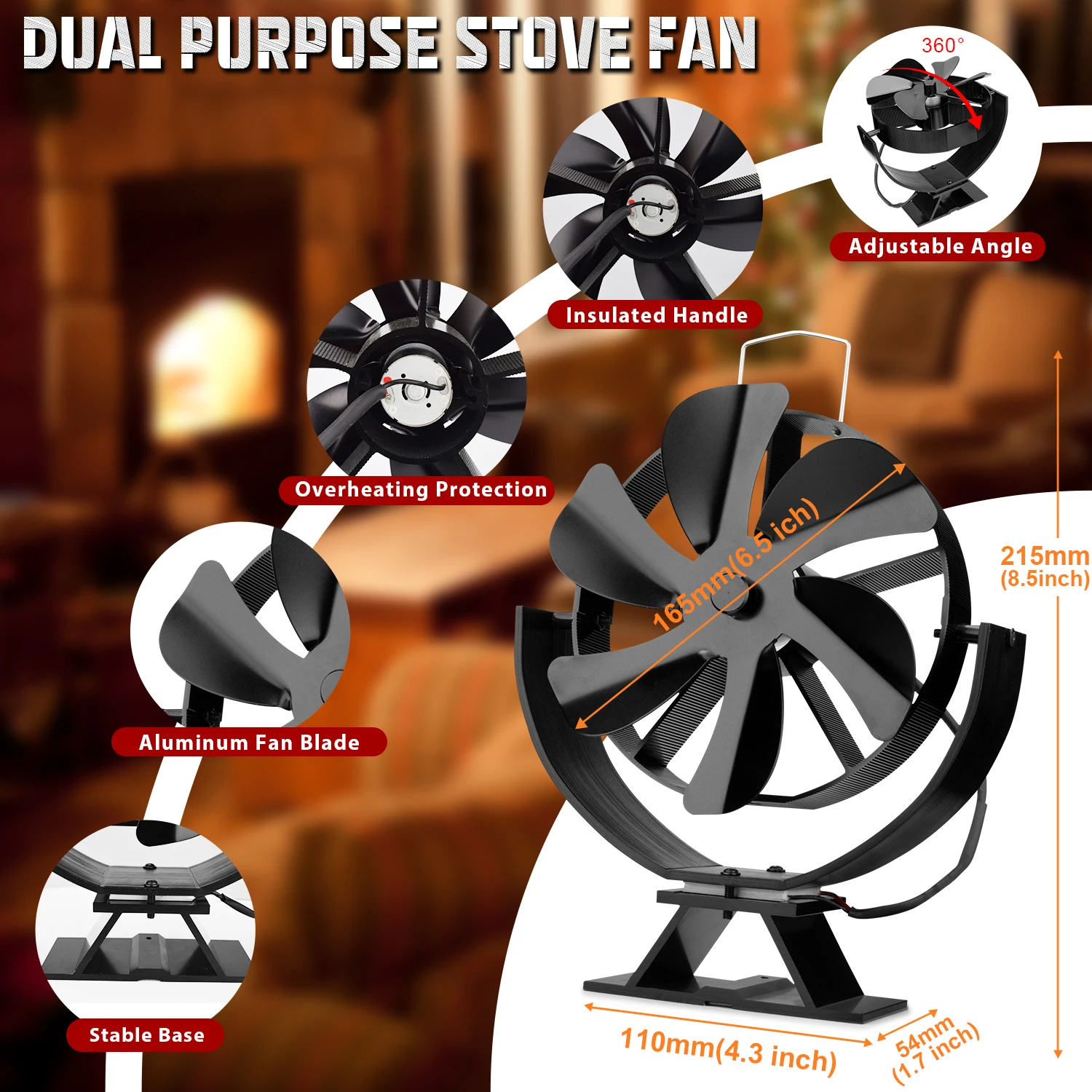 6 Blades Mini Stove Fan Heat Powered Fireplace Fan Log Wood Burner Eco-fan Quiet Home Efficient Heat Distribution