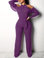 Plaid Print Rompers Womens Jumpsuit Off Shoulder Ruffles Long Sleeve Bandage Overall Elegant Belted Plus Size Wide Leg Bodysuit - Image 2