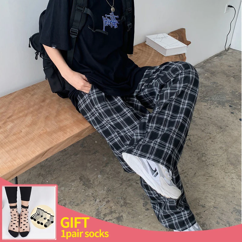 Plaid Pants Women Casual Chic Oversize Loose Wide Leg Trousers Ins Retro Teens Harajuku Hip-hop All-match Unisex Streetwear |