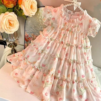 New Girls' Dress Summer Dress 2025 Korean Version Stylish Children's Floral Dress Super Fairy Little Girl Princess Dress 1