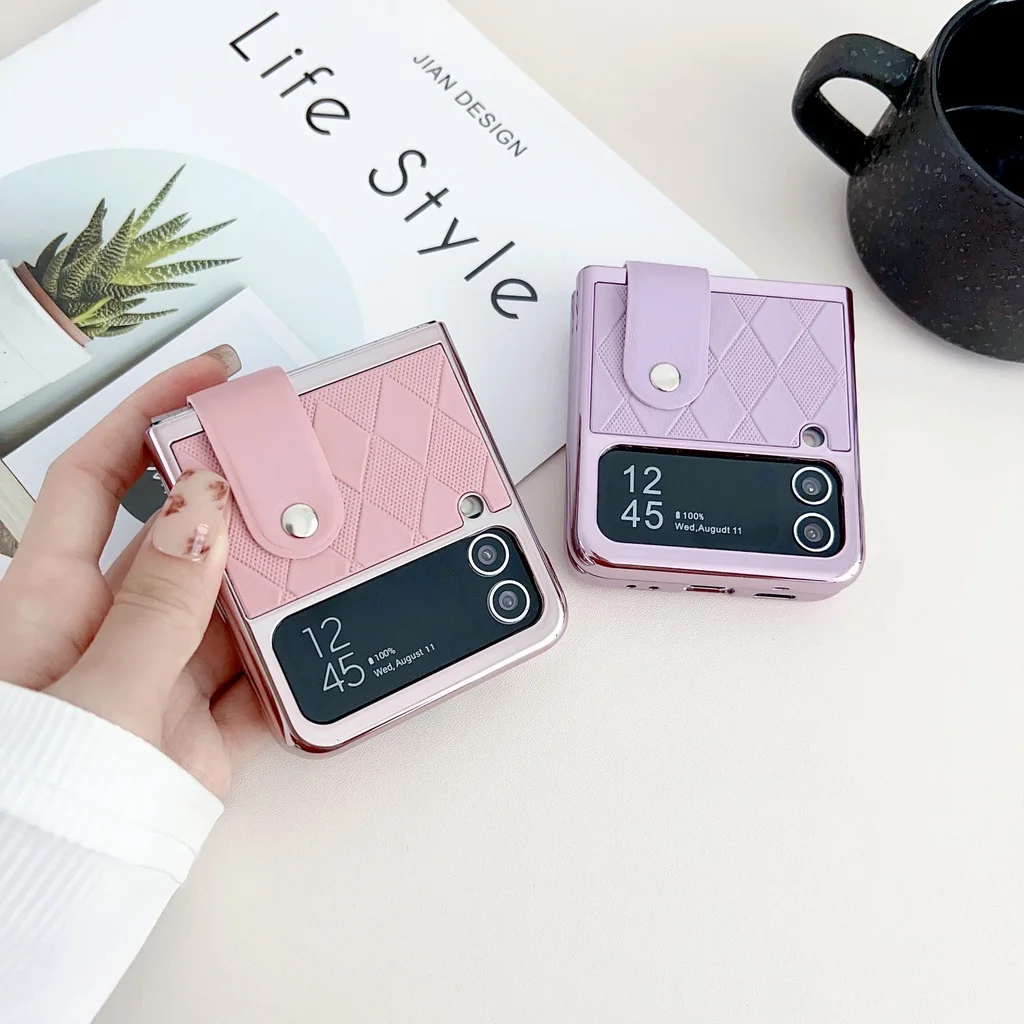 Leather Case for Samsung Galaxy Z Flip 3 4 5G Holder Shockproof Protective Cover with Camera Lens Protection Plating Frame