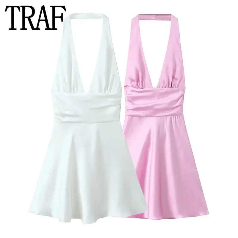 

TRAF White Satin Mini Dress Woman Bow Pink Halter Backless Dress Women Off Shoulder Summer Short Dresses Sexy Party Dresses