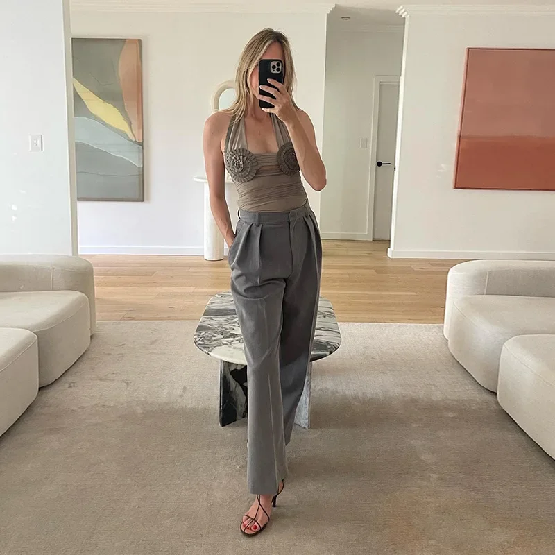 Fashion Patchwork Backless Tank Top For Women Lace-Up Sleeveless See-Through Mesh Hollow Out Pleated Y2k Top Vest Summer