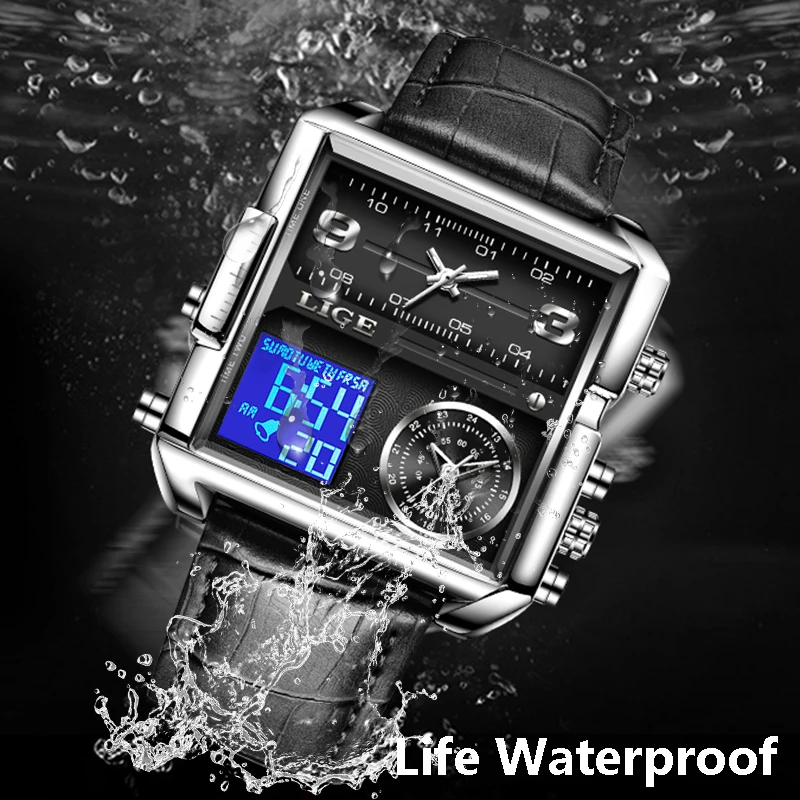 LIGE Men's Luxury Big Brand Watch FOXBOX Fashion Sports Watch For Men Dual Display Luminous 30M Waterproof Quartz WristWatches