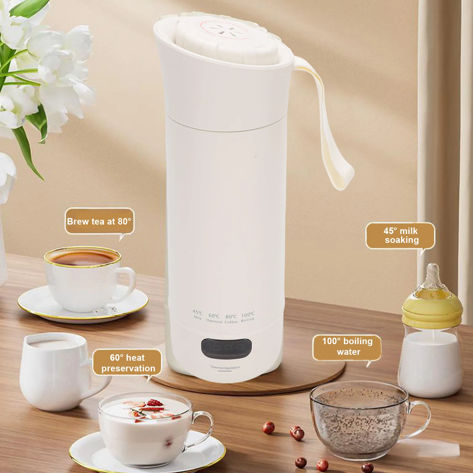 Portable Water Heater Double Layer Anti Scald Travel Electric Kettle 400ml 304 Stainless Steel 4 Temperature Modes for Camping