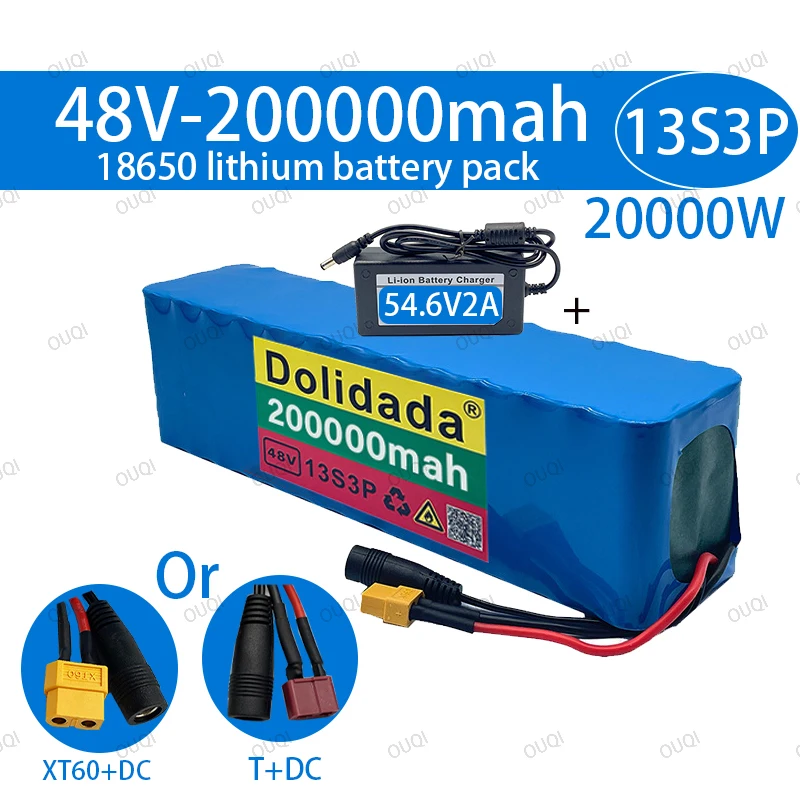 

New 48V 200000mAh 20000W 13S3P XT60/T Lithium ion Battery Pack 200Ah For 54.6v E-bike Electric bicycle Scooter with BMS