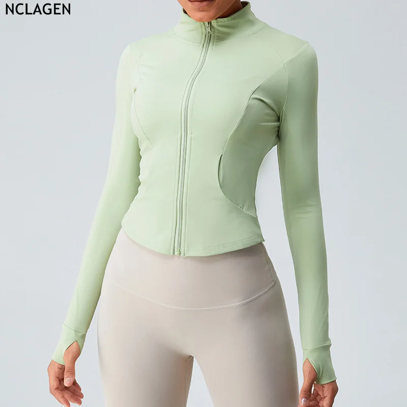 

NCLAGEN Autumn Long Sleeve Yoga Coat Women's Zipper Training Fitness Slim Fit Yoga Top Jacket Gym Breathable Workout Elastic