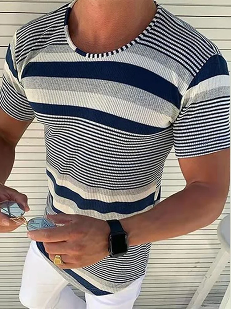 

Summer Stripe Patchwork Men Pullovers Shirts Casual Round Neck Short Sleeve Tees Vintage Slim Male Streetwear Tops Dropshipping