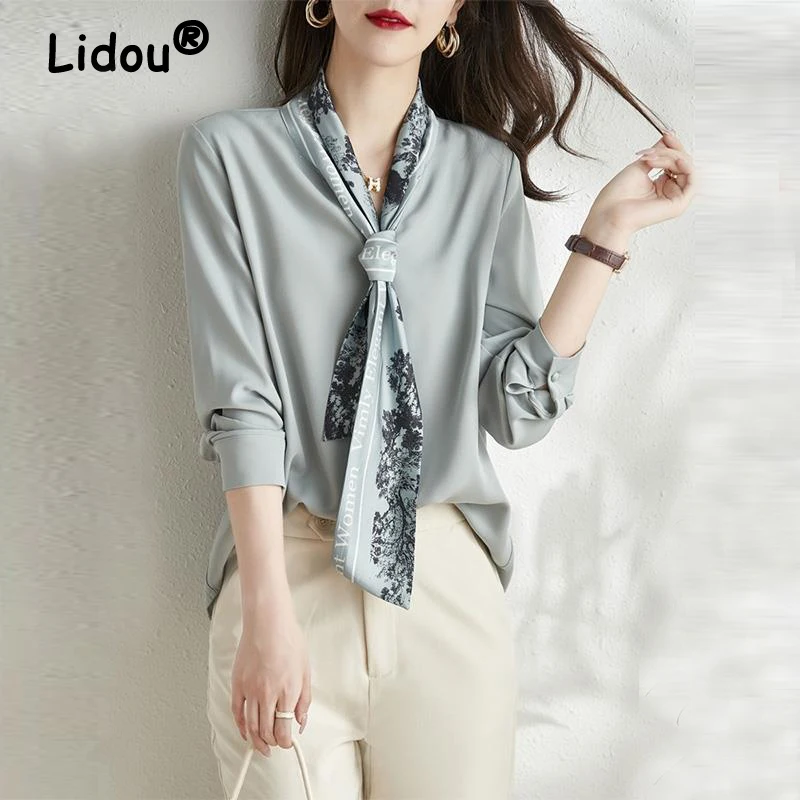 

Women Korean Fashion Print Bow Ribbon Elegant Blouse Office Lady Business Casual Satin Shirt V Neck Long Sleeve Loose Tops Blusa