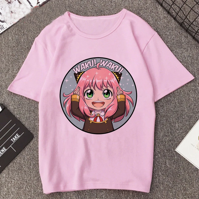 thumbnail image 1 of Camiseta estampada de Manga Anya Forger para mujer, remera de Anime Rosa divertida de la familia Spy X, playera informal Harajuku de Manga corta para mujer, 1 of 5