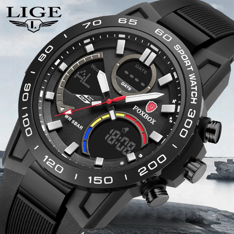 FOXBOX New Mens Watches LIGE Fashion Business Digital Watch for Men Sports Military Silicone Waterproof Chronograph Clock Male