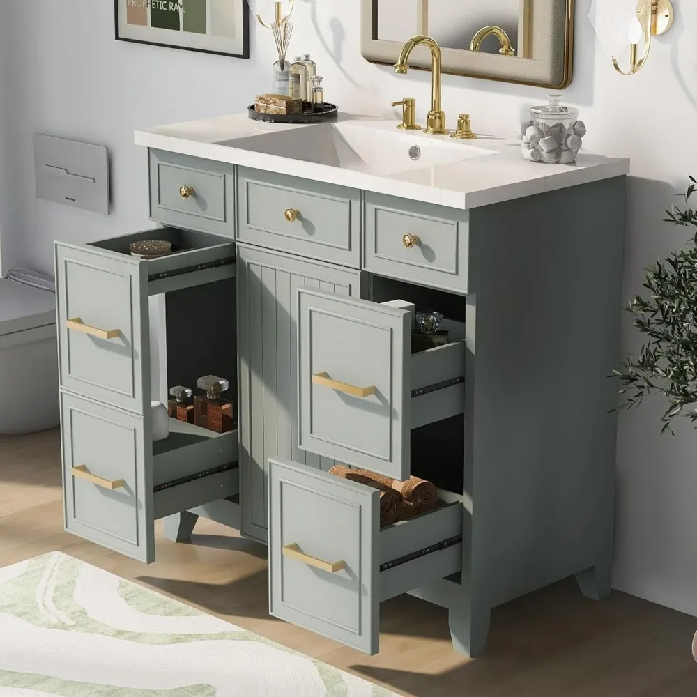 Bathroom Organizers, 36" Bathroom Vanity With Sink, Modern Green Bathroom Vanity With 3 Drawers & Cabinet, Bathroom Cabinet With 3