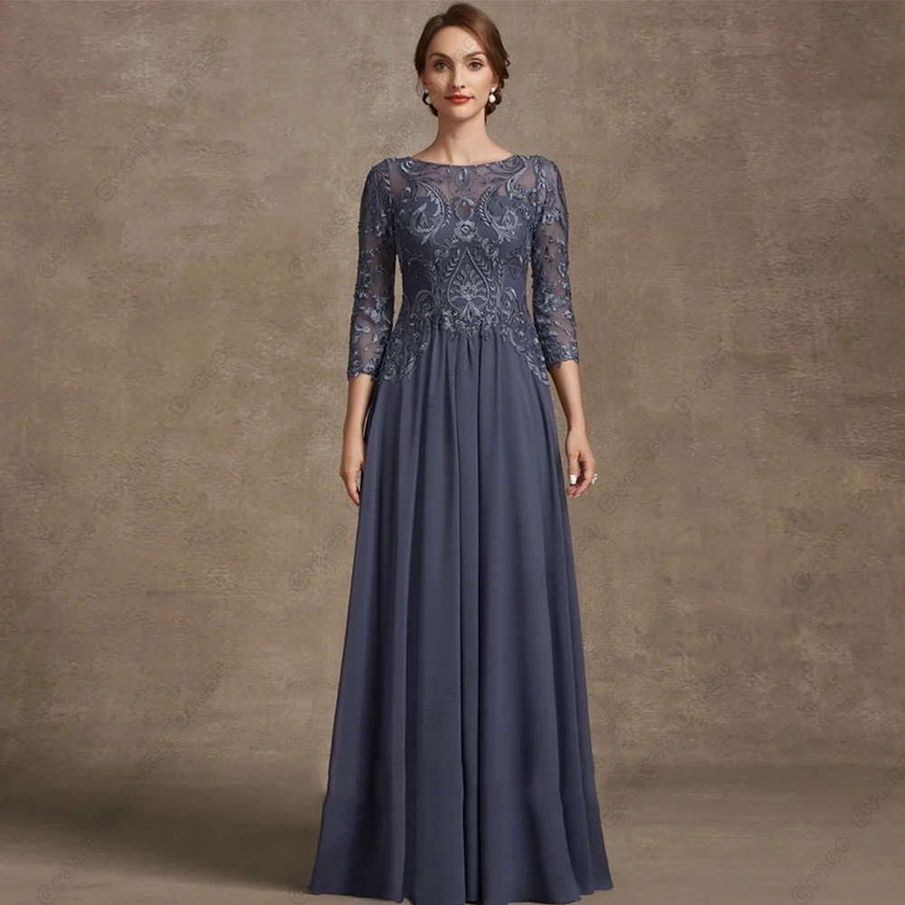 Simple Mother of Bride Dresses Women Party Three Quarter Wedding Party Gown Lace Chiffon Vestido De Noche Summer