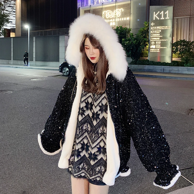 Big Fur Collar Coat Hooded Coat Women 2023 Autum Winter Fleece-Lined Thickened Heavy Embroidery Sequins Cotton-Padded Coats