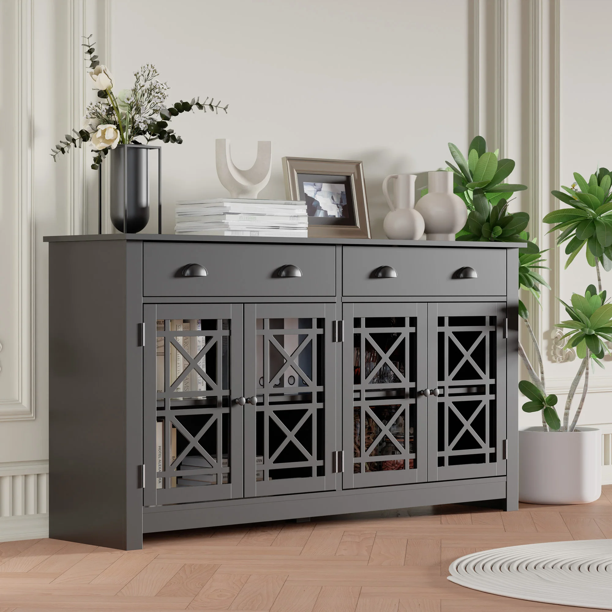 Modern Buffet Cabinet with Drawers, Wood Sideboard Buffet Cabinet with 4 Acrylic Glass Doors, Freestanding Bar