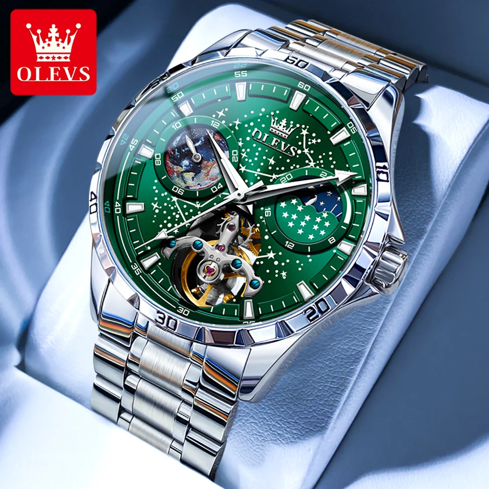 New In OLEVS Automatic Mechanical Watch for Men Starry Sky 42mm Dial Rotating Seconds Wrist Watch Luminous Star Moon Phase Watch