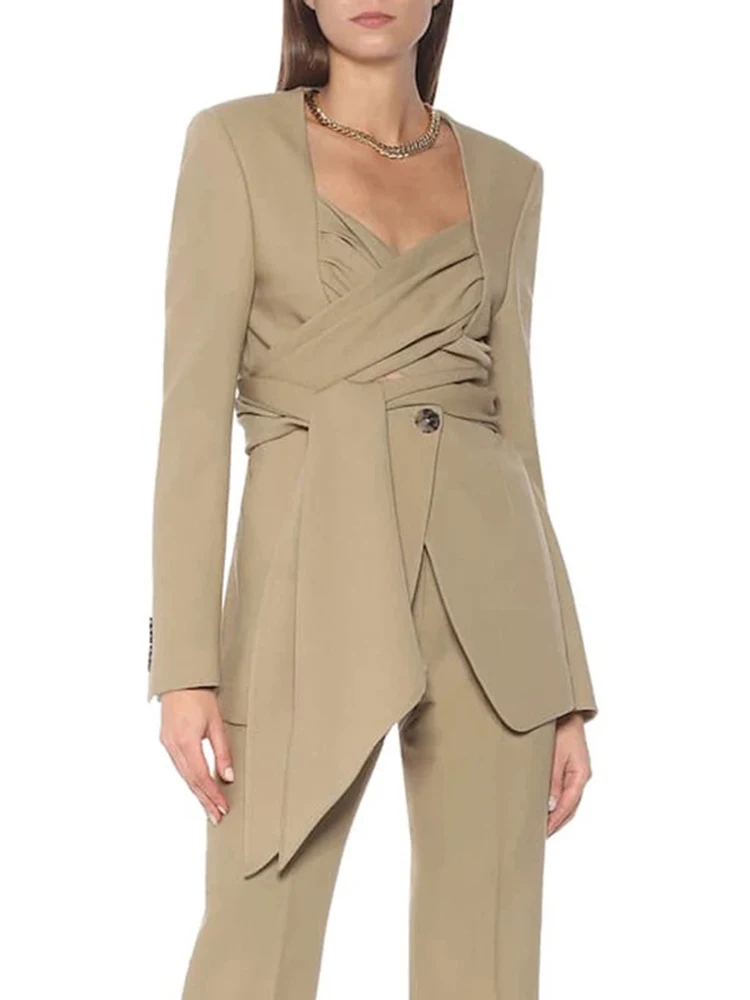 

Sexy V-neck Long Sleeve Lace Up Blazers Coat Elegant Black Khaki Hollow Out Bow Cross Bandage Blazer Jacket Party Club Coat