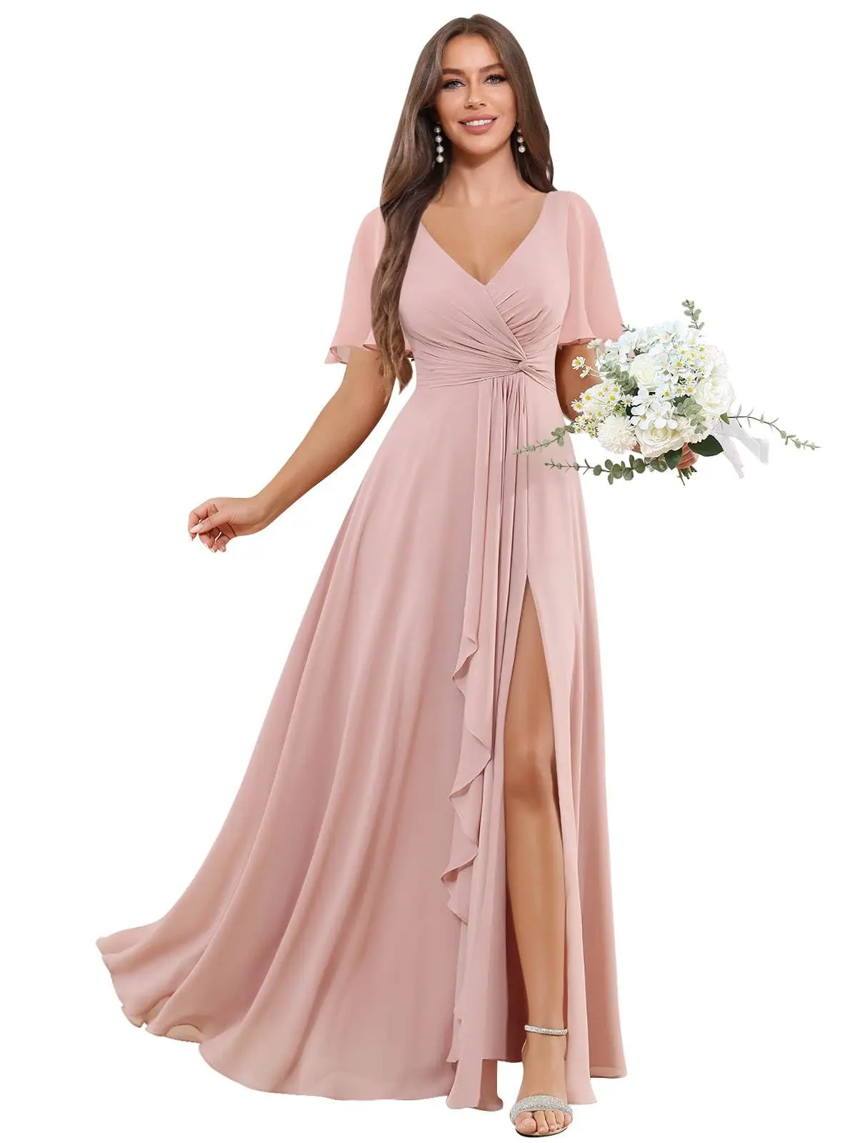 Elegant Chiffon Bridesmaid Dresses with Sleeves A Line Pleated Formal Evening Party Gown with Slit V Neck Wedding Party Dress - 5