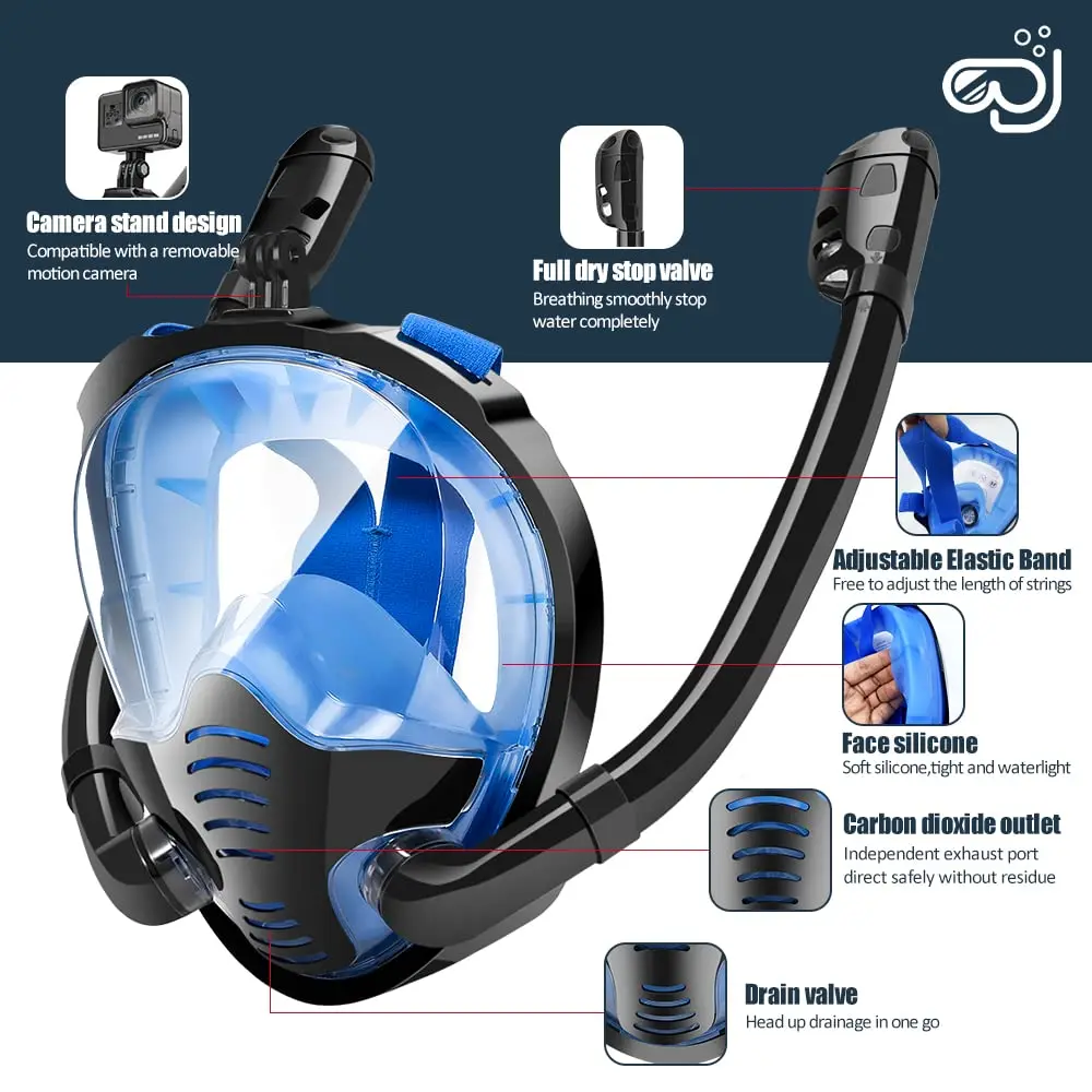 Double Tubes Full Face Snorkel Mask New Breathing Mode 180&deg; Panoramic Anti-Fog Diving Mask Dry Top System for Adults Teenagers snorkeling diving mask,diving mask