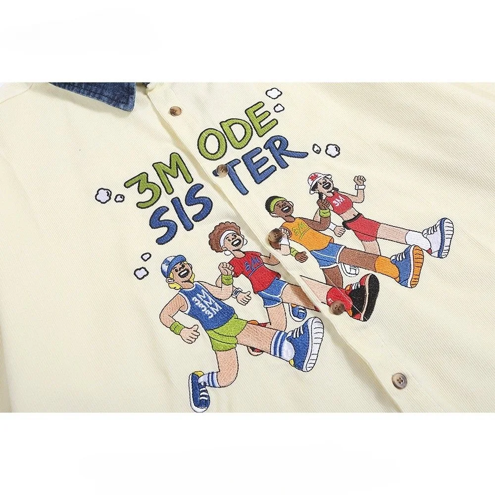 Men Women American Retro Athlete Embroidery Spliced Denim Collar Short-sleeved Shirts Trendy Summer Street Casual Loose Blouse