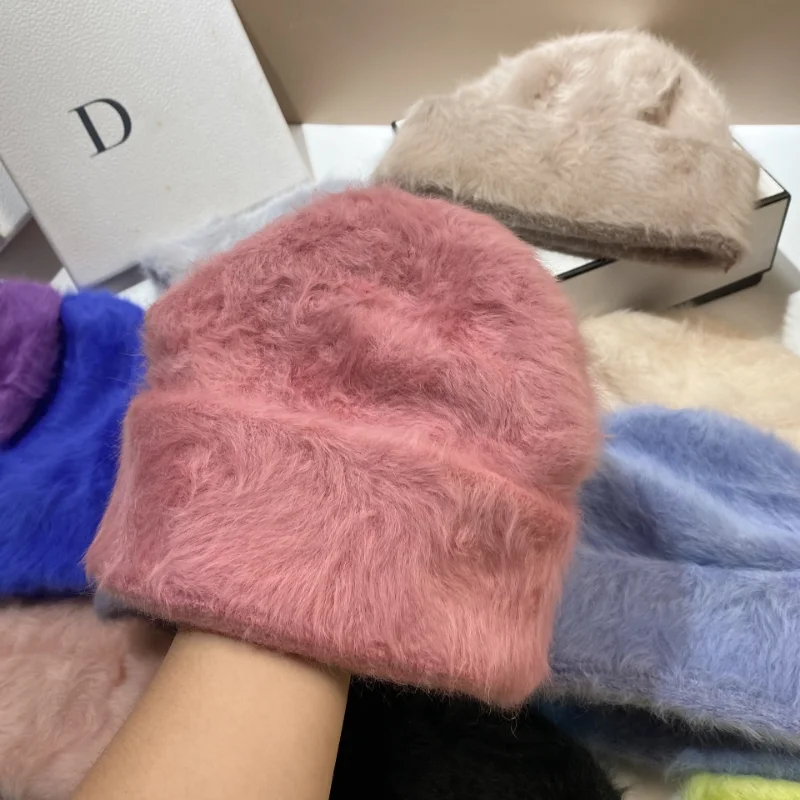 Angora Rabbit Fur Hot Pink Beanie Hat Hot Pink Angora Wool Hat, Peaked Beanie Hat, Hand Knit Wool  main image 4