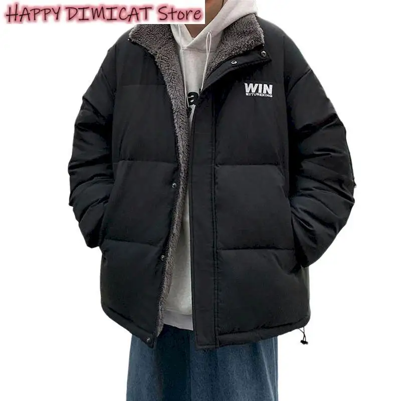 Male Padded Coat Warm Jackets Harajuku Fleece Thicken Letter Graphic Men Winter Coat Stand Collar Oversize Parkas Korean Style
