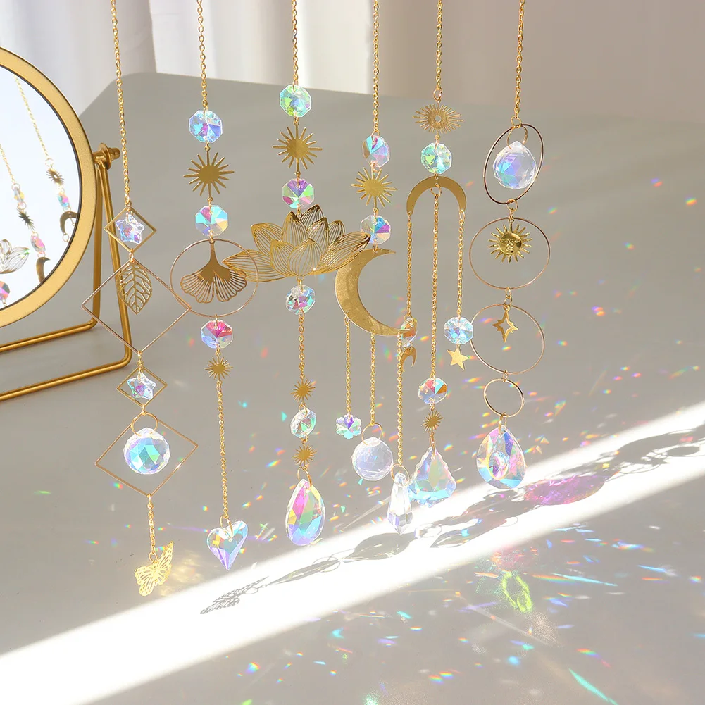 Crystal Prism Wind Chimes Creative Chic Metal Rainbow Light Catcher Lotus Butterfly Moon Window Supplies for Family Friend Gifts