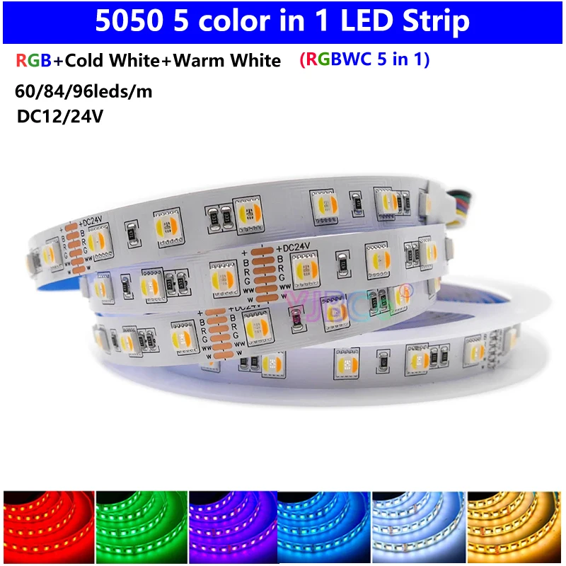 DC 12V/24V 5m RGB+CCT 5 in 1 SMD 5050 LED Strip Light 60/96 Leds/m RGB+CW/WW  RGBWC Color Temperature High Brightness Lamp Tape