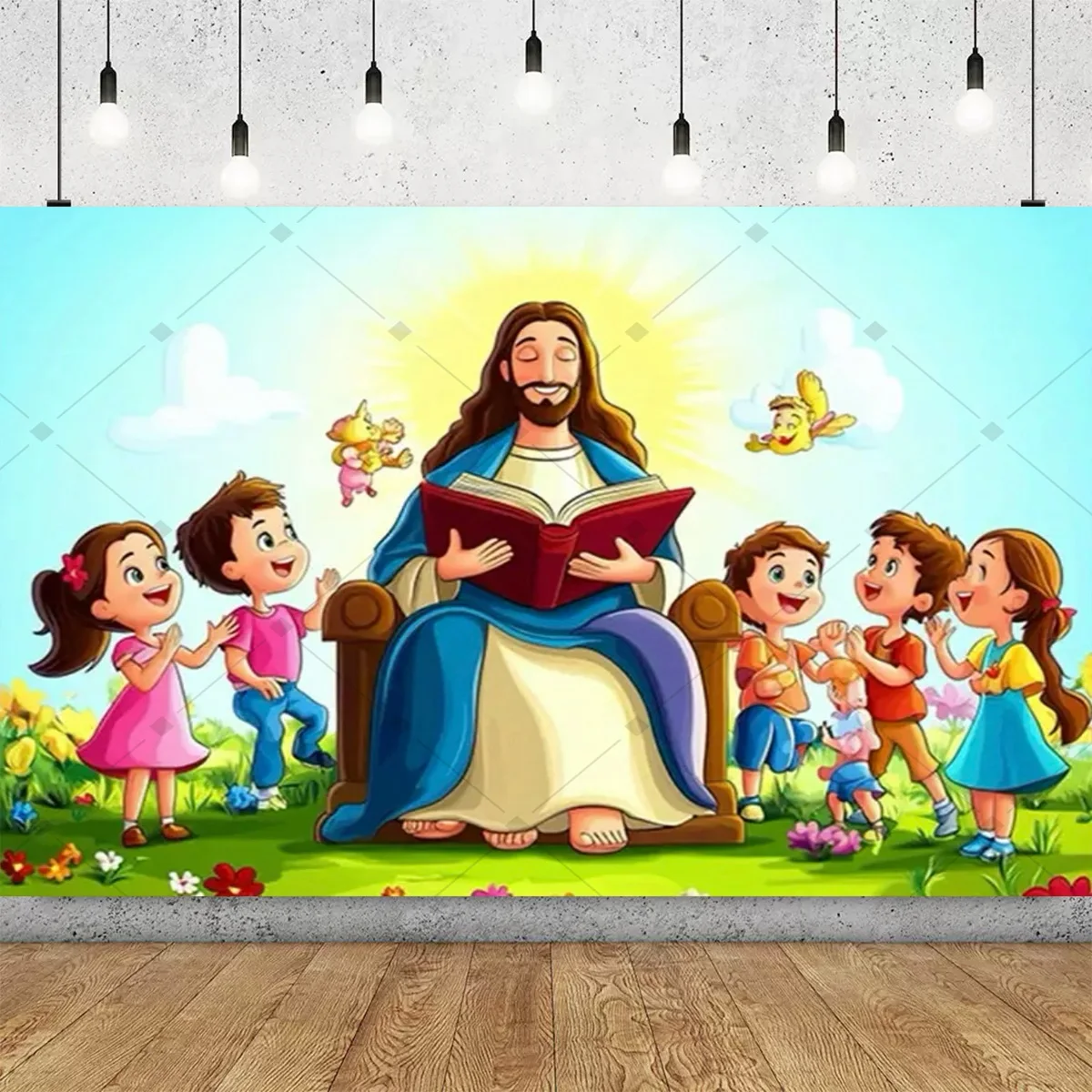 2D Frühlingsgarten Jesus und Kinder Themen-Party-Dekoration Hintergrund Outdoor Naturszene Lehrreiches Partyzubehör Deko-Banner – Detail 8
