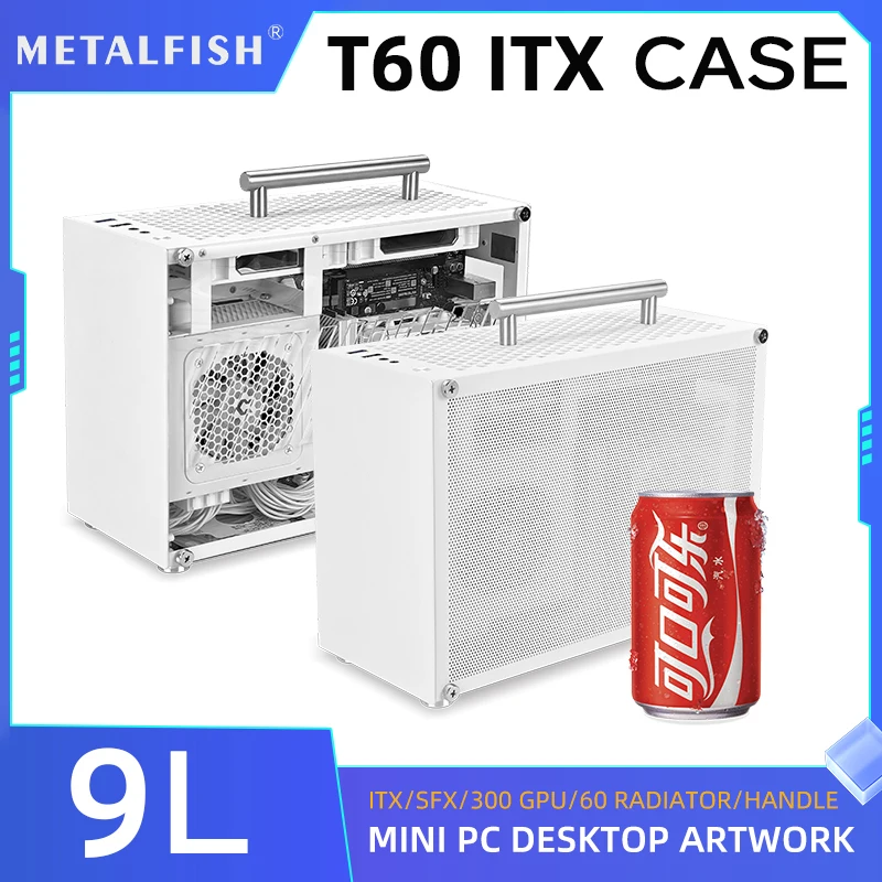 METALFISH T60 Mini ITX weißes Gehäuse 9L, Seitenpanel aus Acryl oder Mesh, kompaktes transparentes PC Gehäuse, Unterstützung für SFX Netzteil, Unterstützung für 300mm GPU