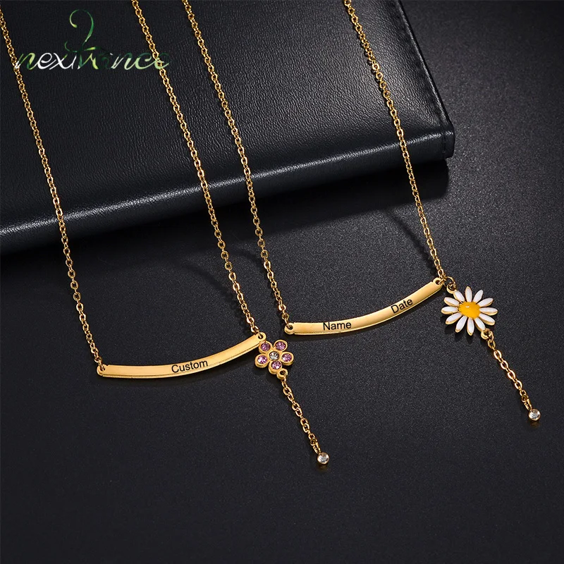 

Nextvance Custom Name Necklace Engraved Date Tag Bar Pendant Stainless Steel Flower Personalized For Women Birthday Jewelry Gift