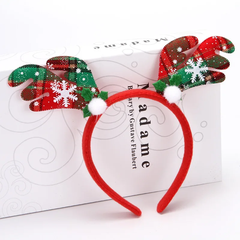 NEW Christmas Antler Hair Hoop Printed Plaid Red Bowknot Glass Filament Christmas Decorations With Wing Head Band
