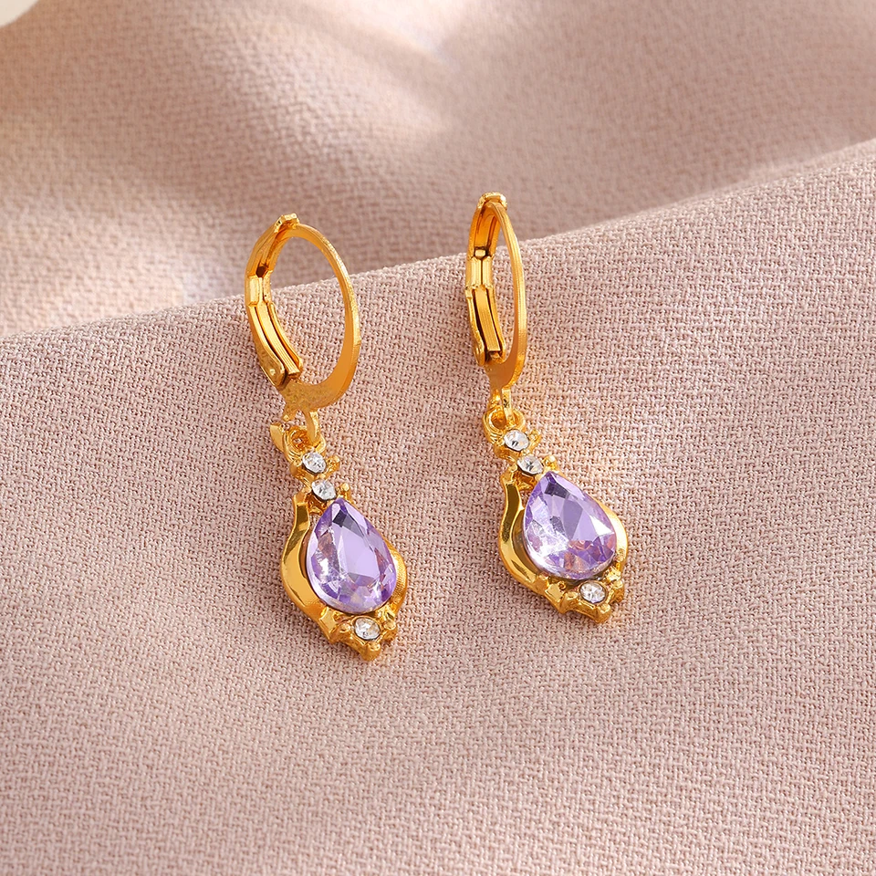 ZAKOL Vintage Shiny Purple Crystal Stone Drop Hoop Earrings For Women Water Dorp Boho Long Dangle Earrings Jewelry Gift - Detail Image 3
