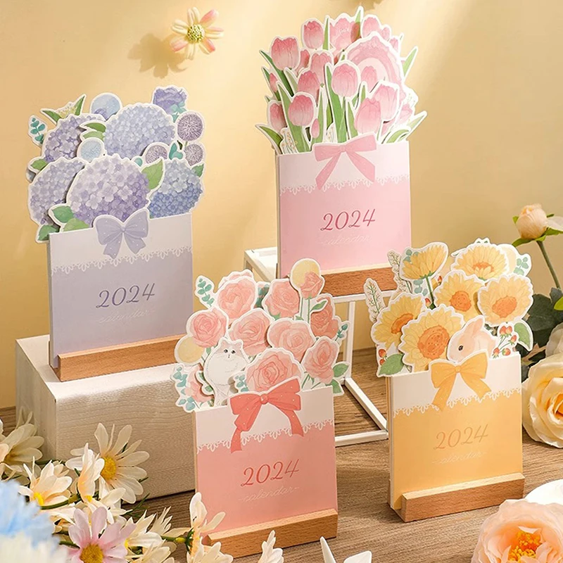 

Korean Dreamy Flower Series Wooden Calendar Bedroom Living Room 2024 Desktop Calendars Date Display Agenda Planner