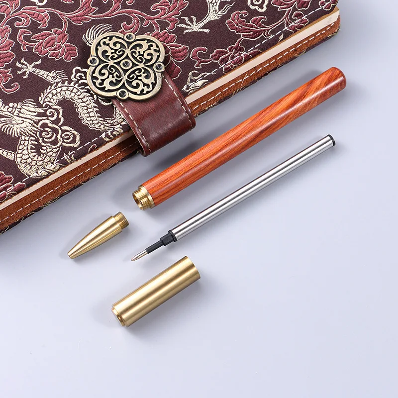 Artisan Brass Red Gem Sign Pen - Elegant Black Sandalwood & Rosewood Ballpoint Pen for Home and Office, Ideal Advertising Gift