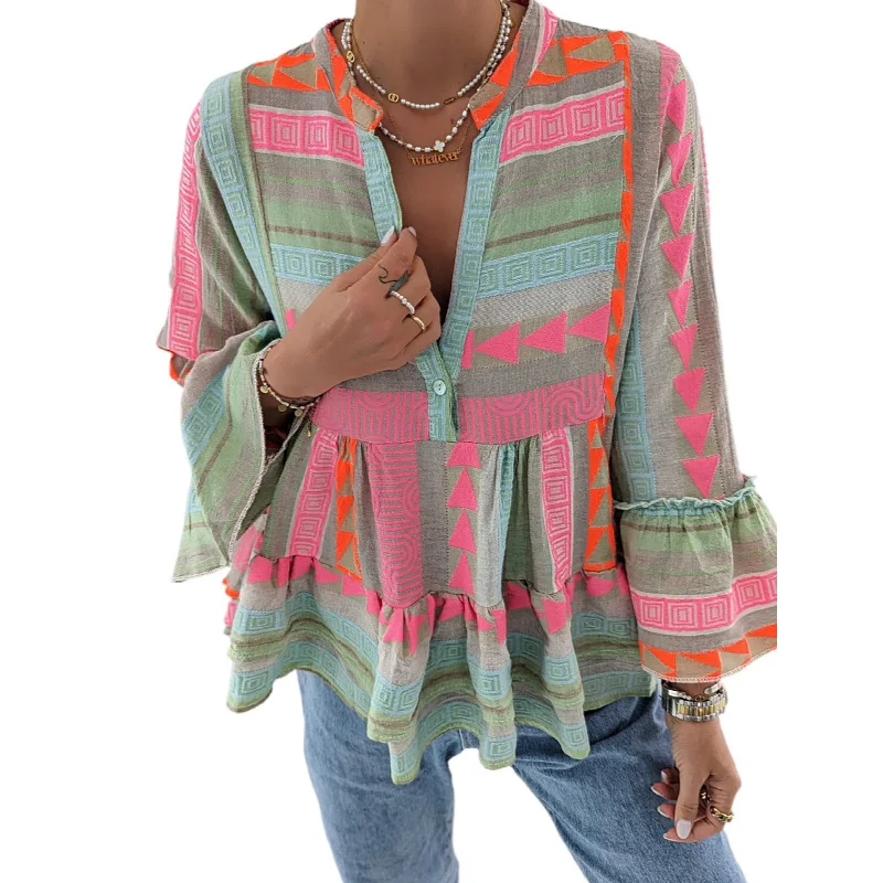 Fashion Pink Rhombus Print Women's Blouse Sexy V Neck Flare Sleeve  A-Line Tops Shirt Autumn Casual Loose Ruffle Pullover Blusa