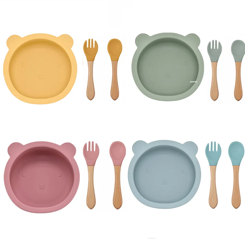 Silicone Feeding Set 3Pcs/Set Baby Silicone Suction Bowl Spoon Fork Set BPA Free Wooden Handle Fork Spoon Child Feeding Non-Slip Tableware