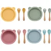 3Pcs/Set Baby Silicone Suction Bowl Spoon Fork Set BPA Free Wooden Handle Fork Spoon Child Feeding Non-SlipTableware Set 1
