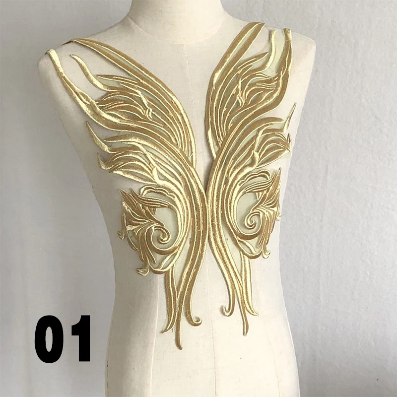 Gold Thread Mesh Embroidery Collar Patch Heavy-Duty Embroidered Gold Lace Appliques DIY Sewing Clothes Decorative Accessories