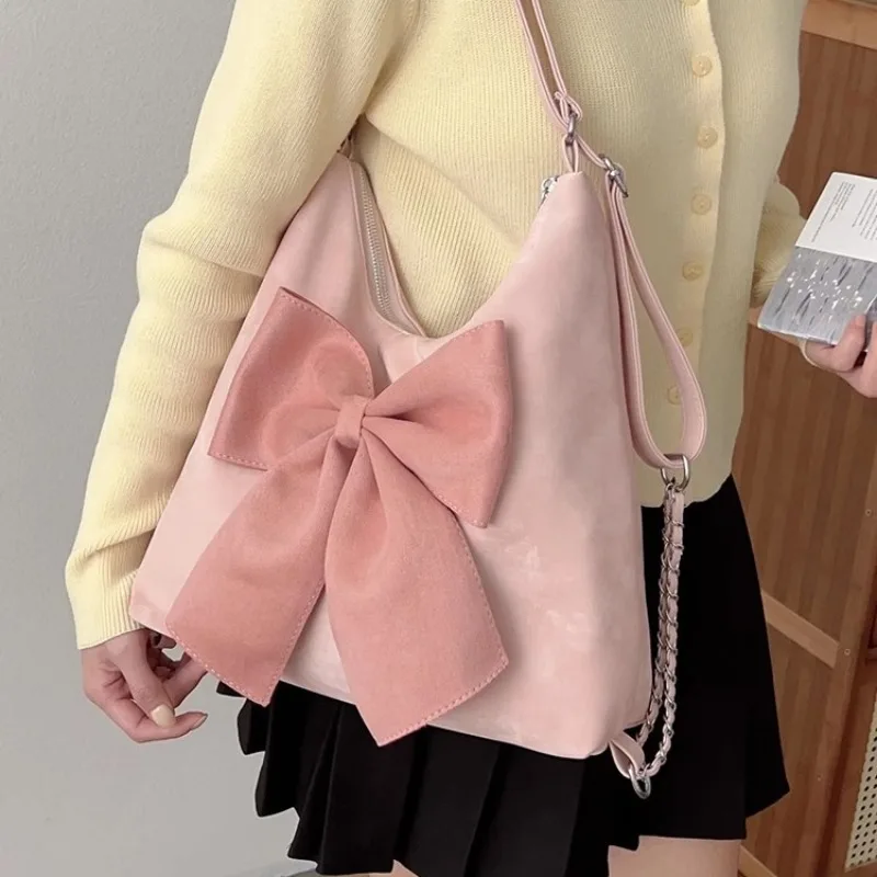 Xiuya Pink Bow Womens Shoulder Bag Korean Style Fashion Large Capacity Sweet Backpack Cute Exquisite Elegant New Female Tote Bag