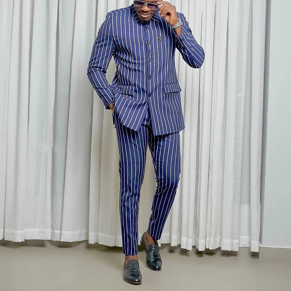Fall/Winter Men's Winter Elegant Striped Long Sleeve Single Breasted Jacket Suit and  Pants 2 Piece African Luxury Men's Suit