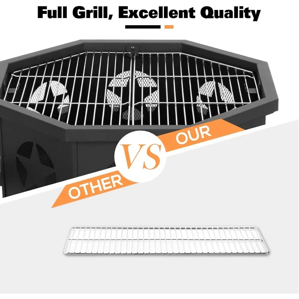 35 Inch 2 in 1 Fire Pit with Grill, Large Wood Burning Fire Pit with Cooking Grate, Octagonal Outdoor Firepit