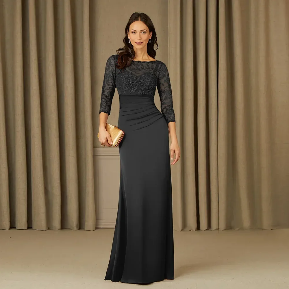 

Scoop Neck Black Mother Of The Bride Dress Three Quarter Mermaid Floor-Length Lace Appliques Pleat Evening Gowns of Groom