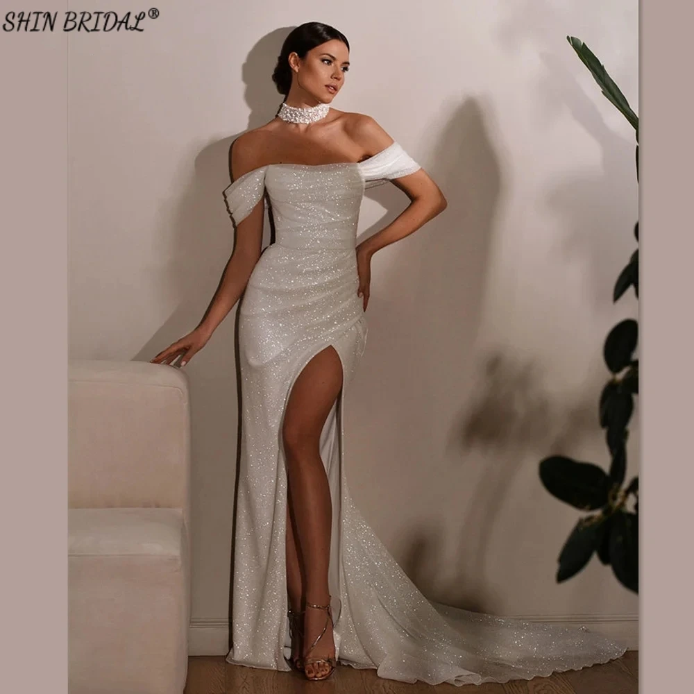 

Женское вечернее платье с открытыми плечами SHIN BRIDAL, роскошные простые блестящие свадебные платья с блестками